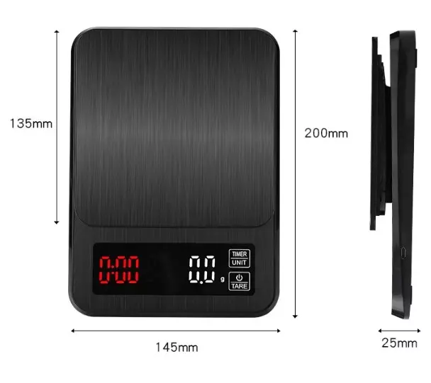 rozměry černé digitální váhy barista space